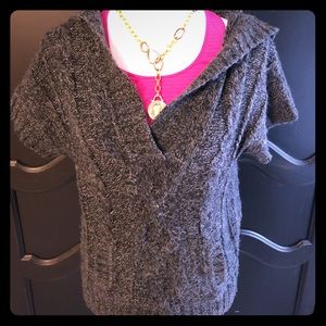 Gray Tweed Pullover Hooded V-Neck Sweater